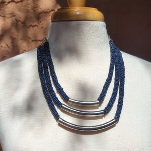 Chico's Triple-Strand Navy Beaded Necklace with Silver Tubes